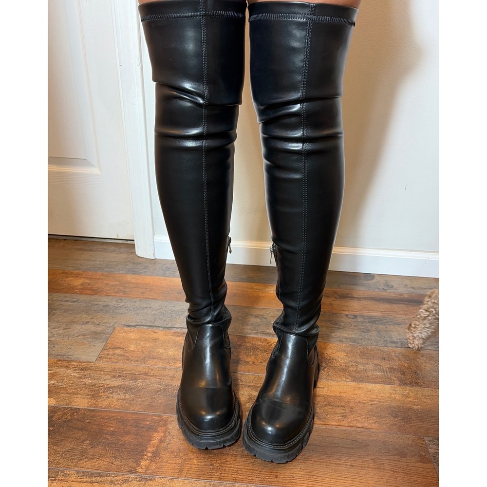 CouieCuies Black Faux Leather Thigh High Lug Sole Platform Boots Size 42